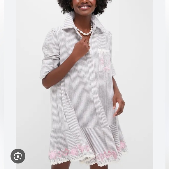 NWT Tuckernuck Callahan Tan Stripe Embroidered Long Sleeve Mini Dress - Picture 2 of 10